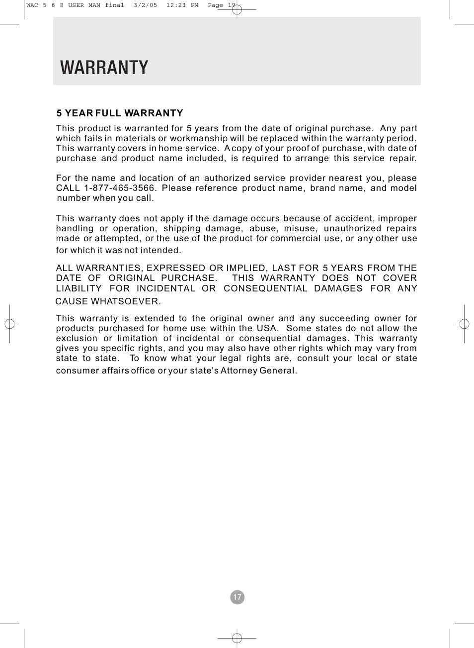 Warranty | Admiral AAW-08DR1FHU User Manual | Page 19 / 34