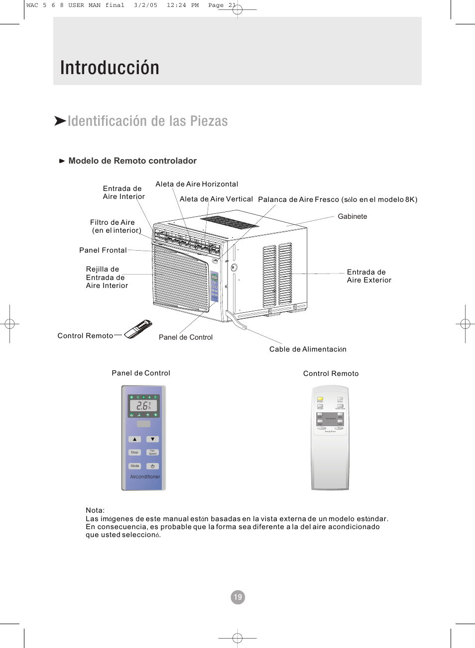 Introducción, Identificación de las piezas, Modelo de remoto controlador | Admiral AAW-08DR1FHU User Manual | Page 21 / 34