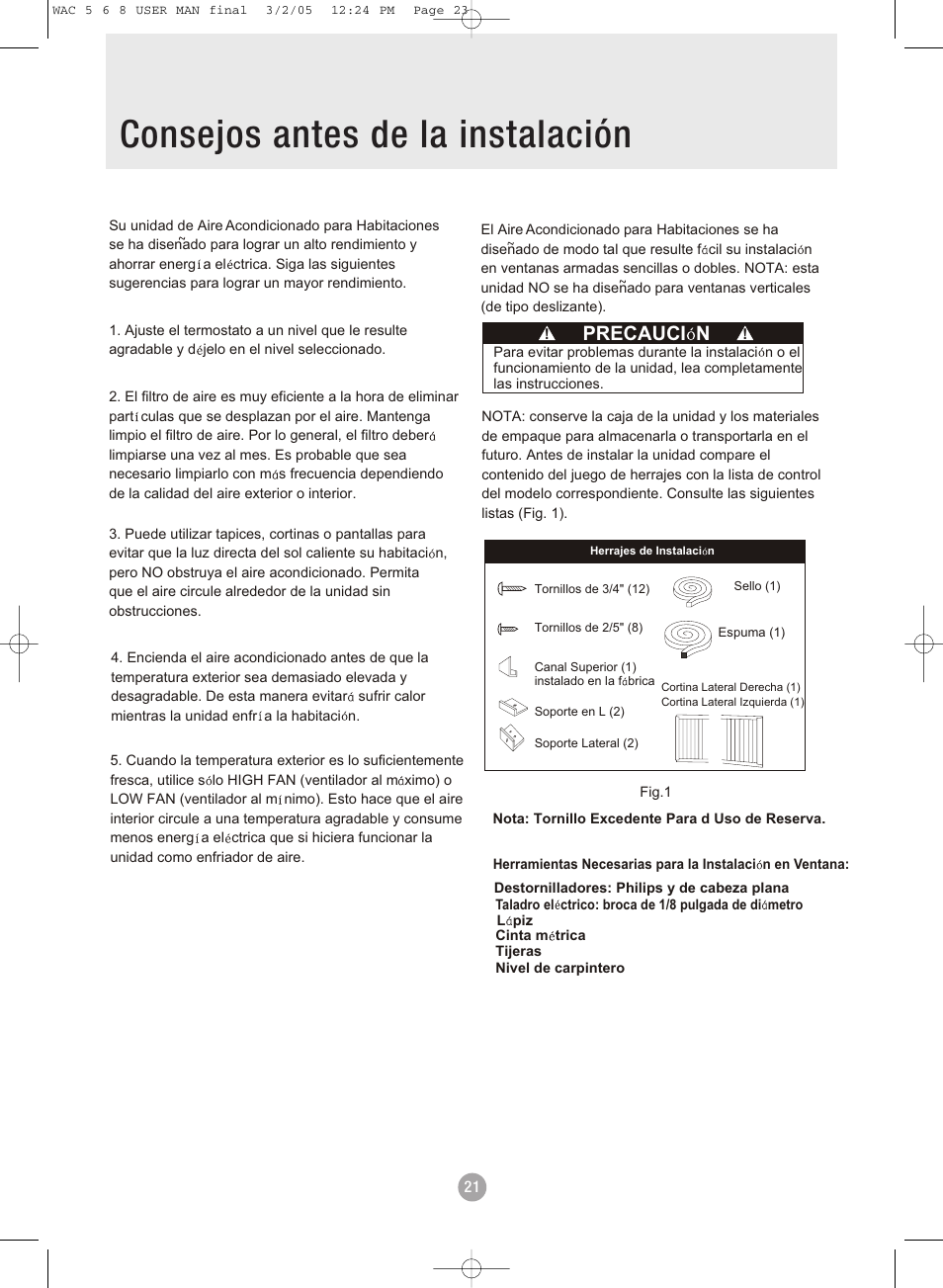 Consejos antes de la instalación, Precauci n | Admiral AAW-08DR1FHU User Manual | Page 23 / 34