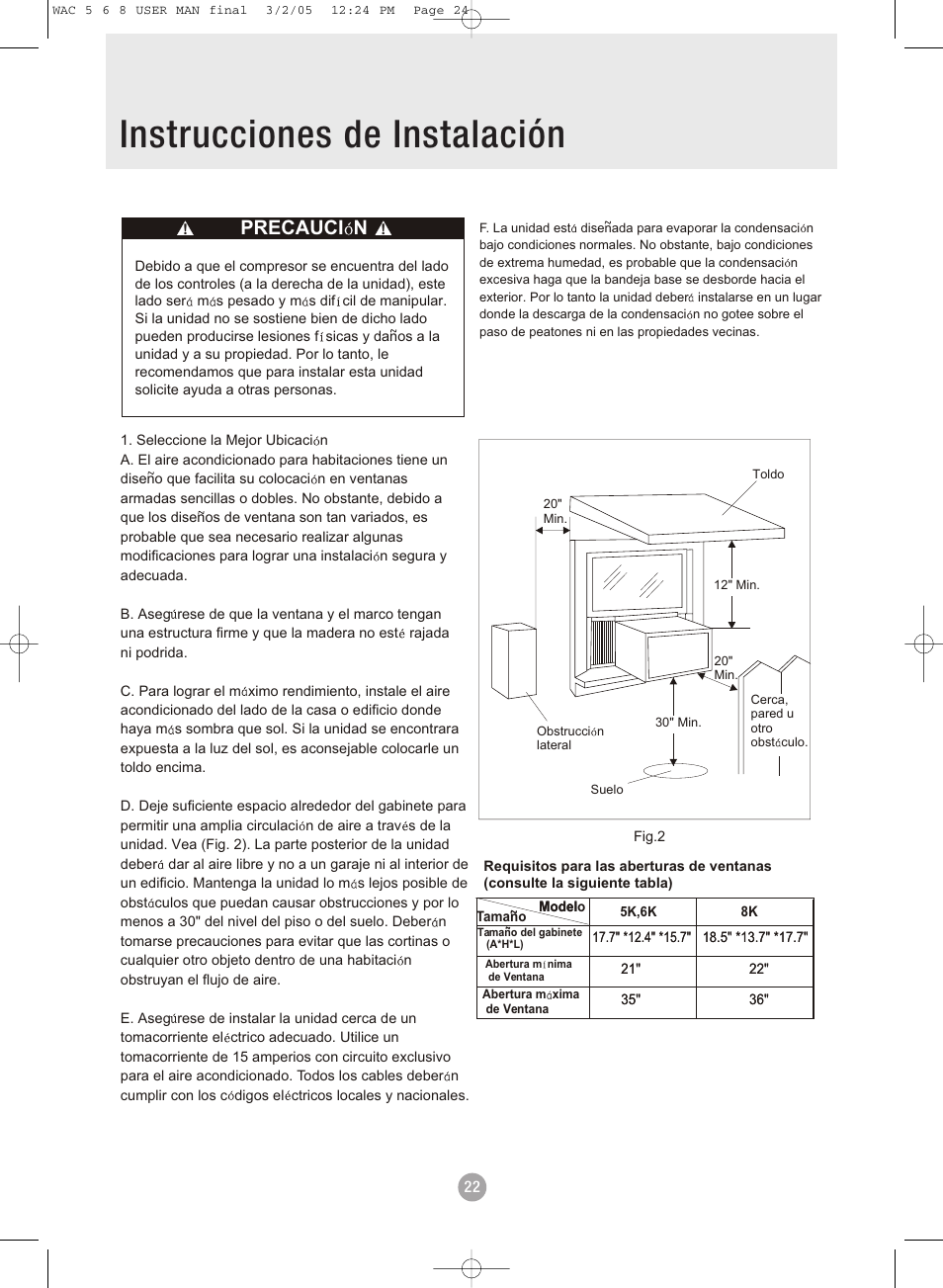 Instrucciones de instalación, Precauci n | Admiral AAW-08DR1FHU User Manual | Page 24 / 34