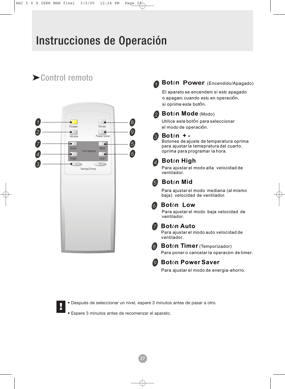 Instrucciones de operación, Control remoto, Control remoto bot n | Bot n mode, Bot n high bot n mid power, Bo t n, Bot n low bot n auto bot n timer, Bot n power saver | Admiral AAW-08DR1FHU User Manual | Page 29 / 34