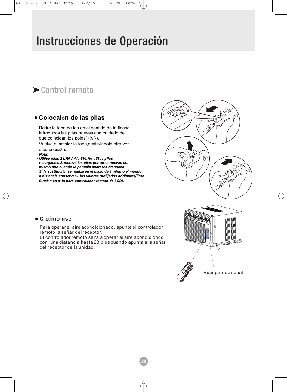 Instrucciones de operación, Control remoto | Admiral AAW-08DR1FHU User Manual | Page 30 / 34