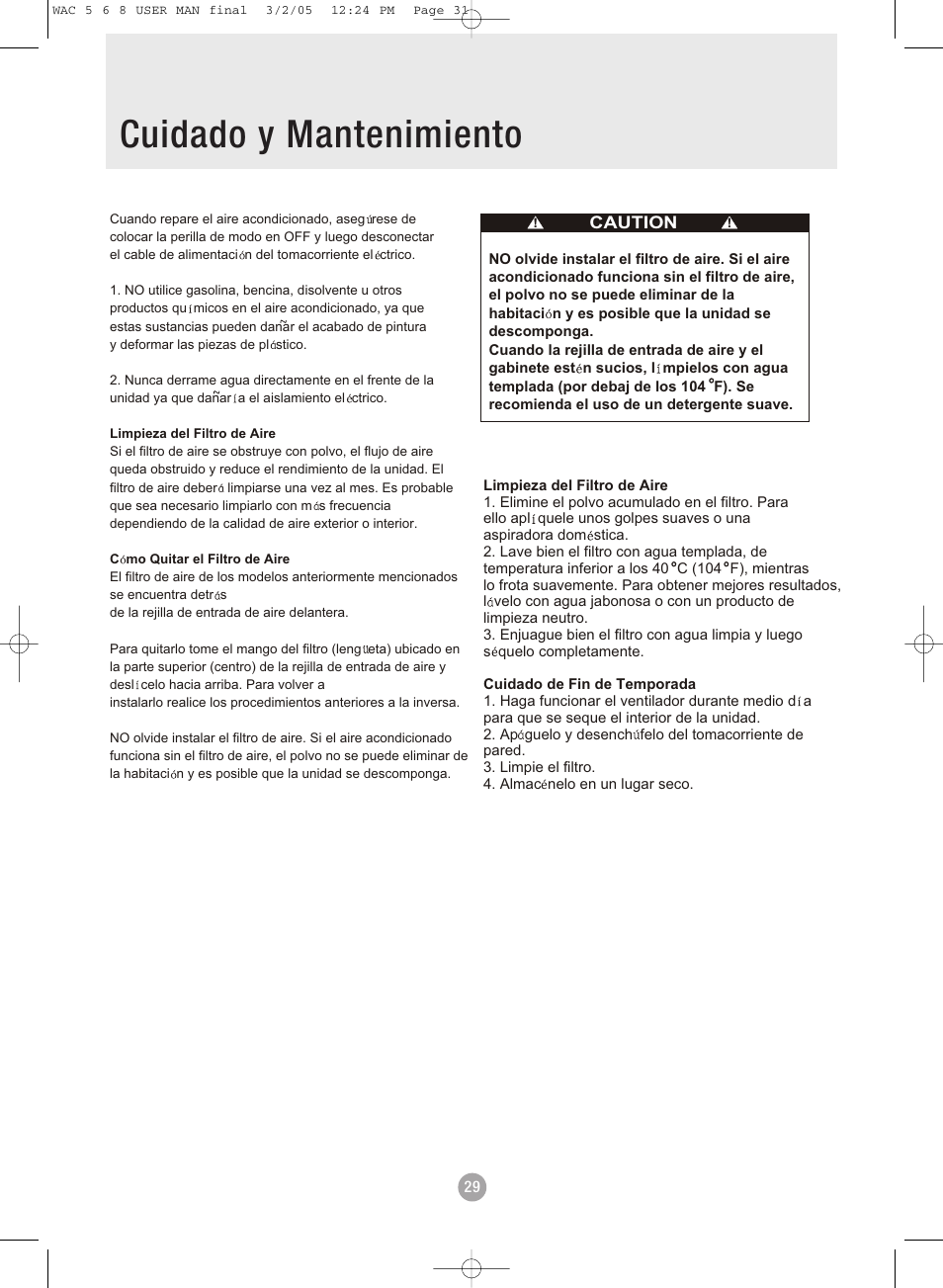 Cuidado y mantenimiento | Admiral AAW-08DR1FHU User Manual | Page 31 / 34