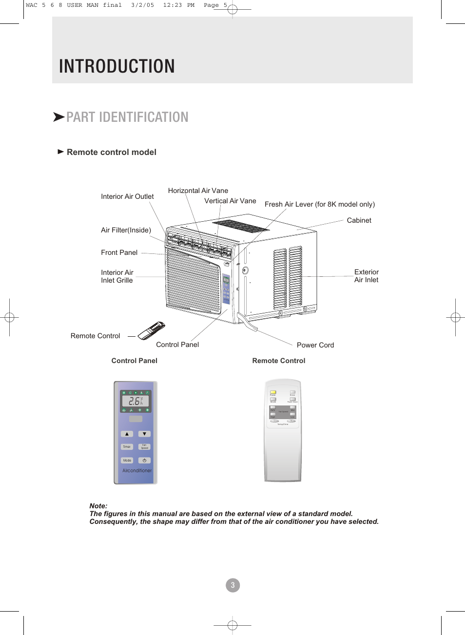 Introduction, Part identification, Part identification remote control model | Admiral AAW-08DR1FHU User Manual | Page 5 / 34