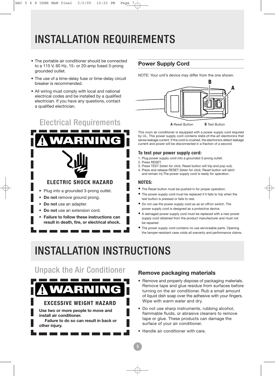 Electrical requirements, Unpack the air conditioner, Electric shock hazard | Power supply cord, Excessive weight hazard, Remove packaging materials | Admiral AAW-08DR1FHU User Manual | Page 7 / 34