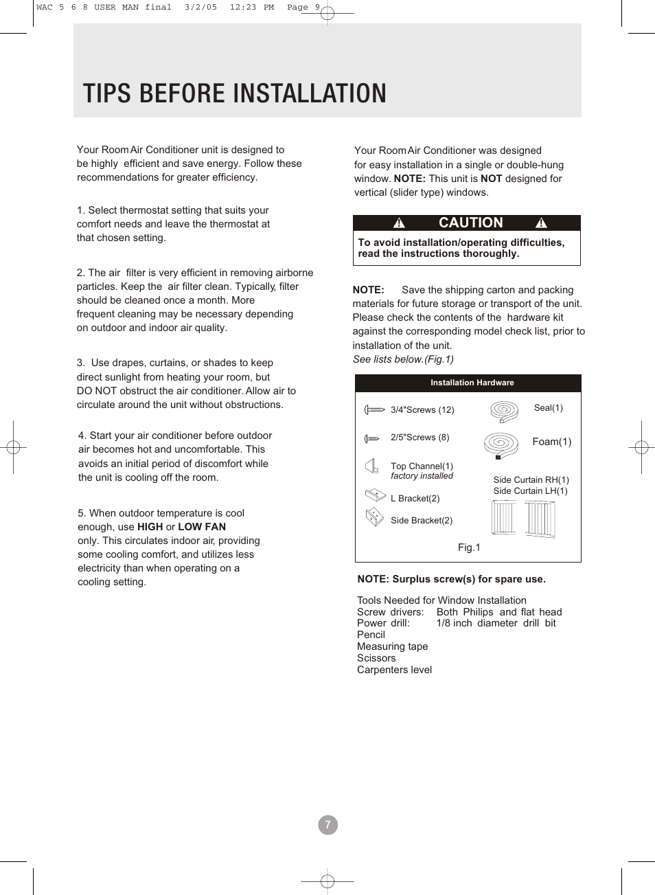 Tips before installation, Caution | Admiral AAW-08DR1FHU User Manual | Page 9 / 34