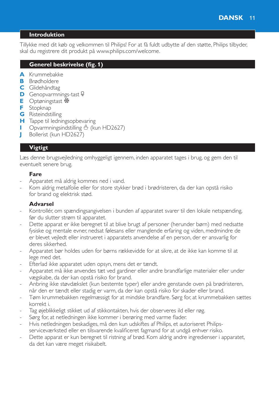 Dansk | Philips Toaster User Manual | Page 11 / 60