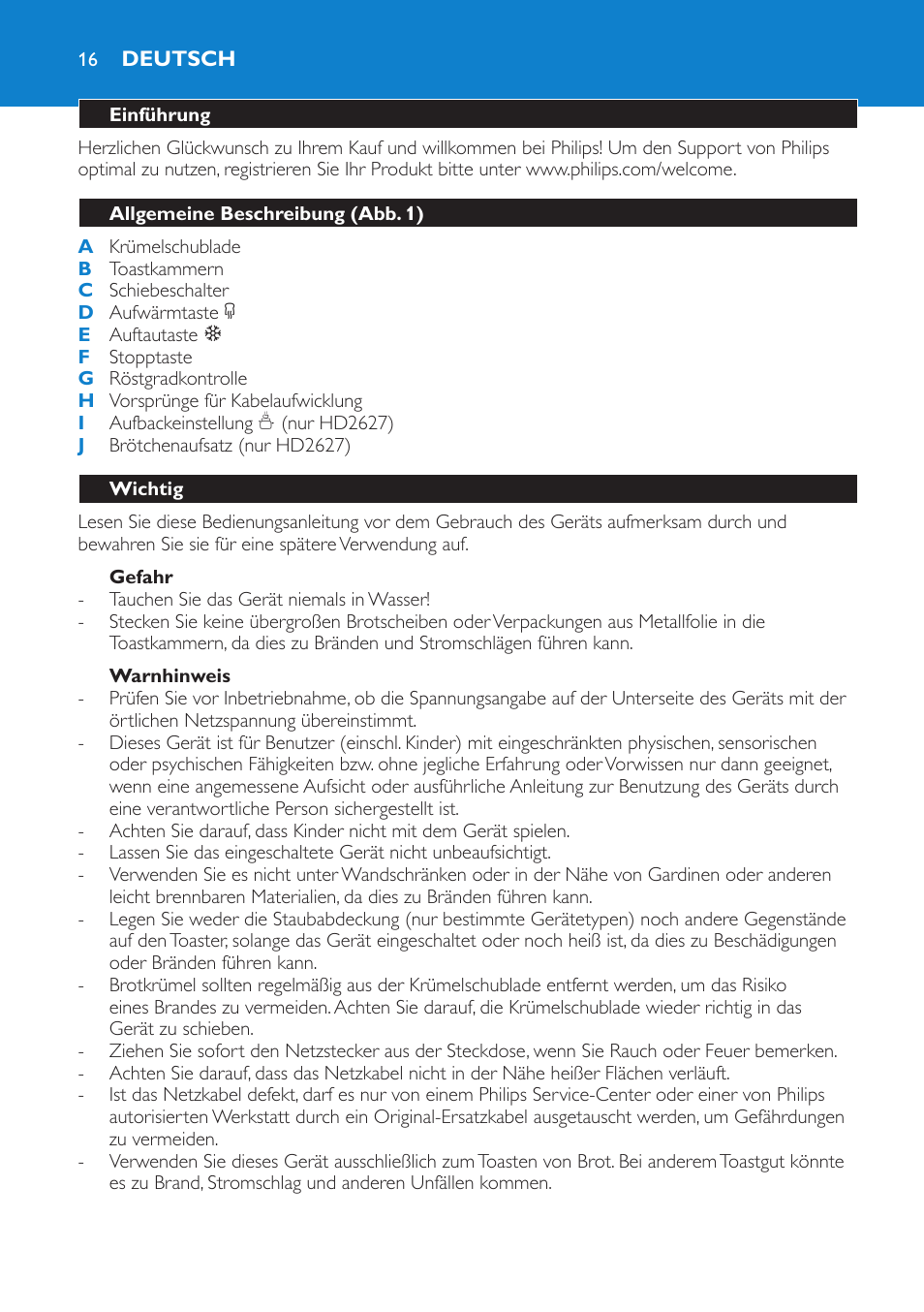 Deutsch, Deutsch 1 | Philips Toaster User Manual | Page 16 / 60