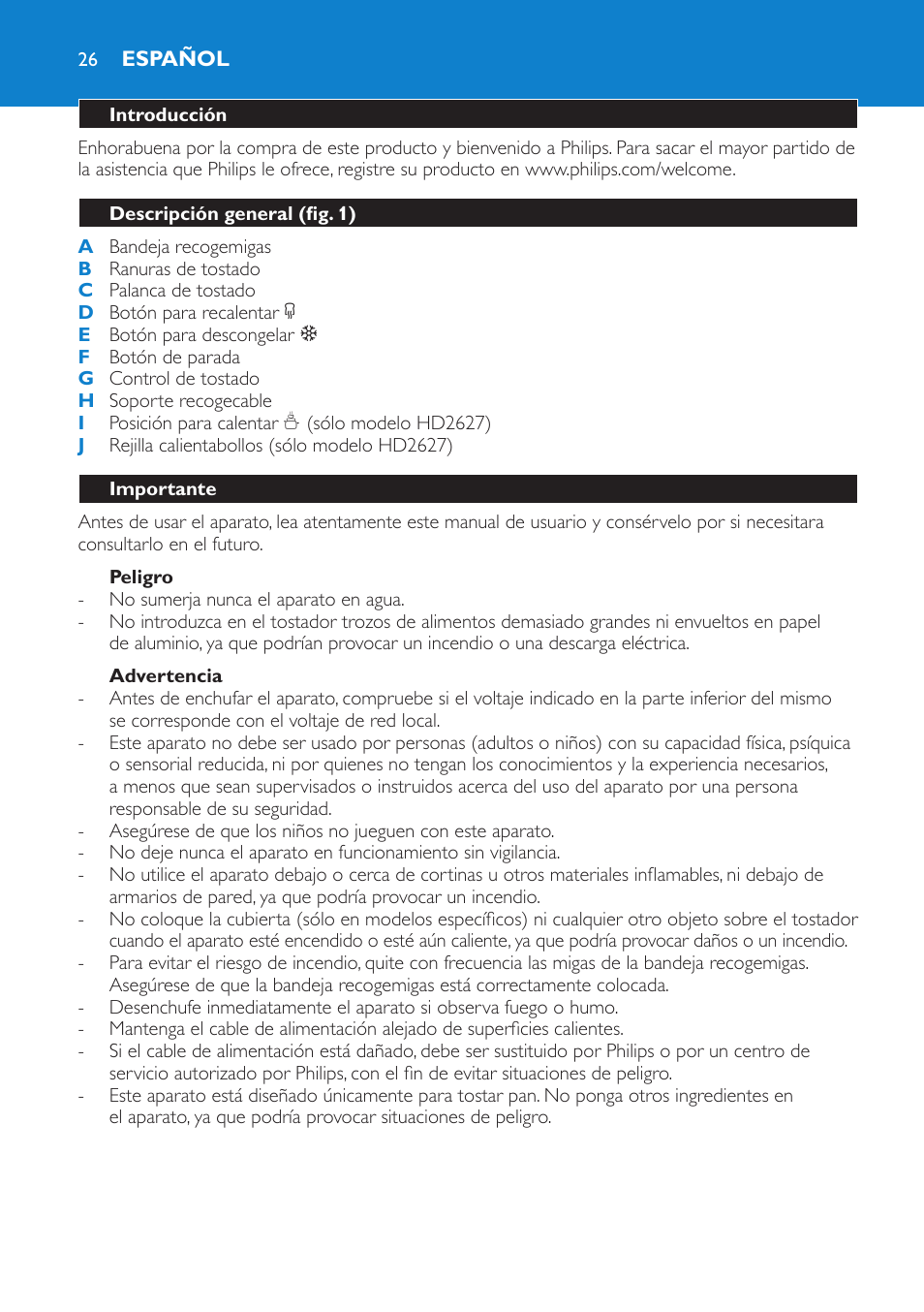 Español | Philips Toaster User Manual | Page 26 / 60