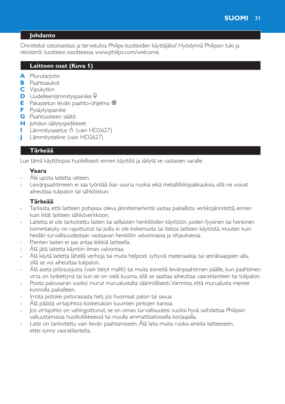 Suomi | Philips Toaster User Manual | Page 31 / 60