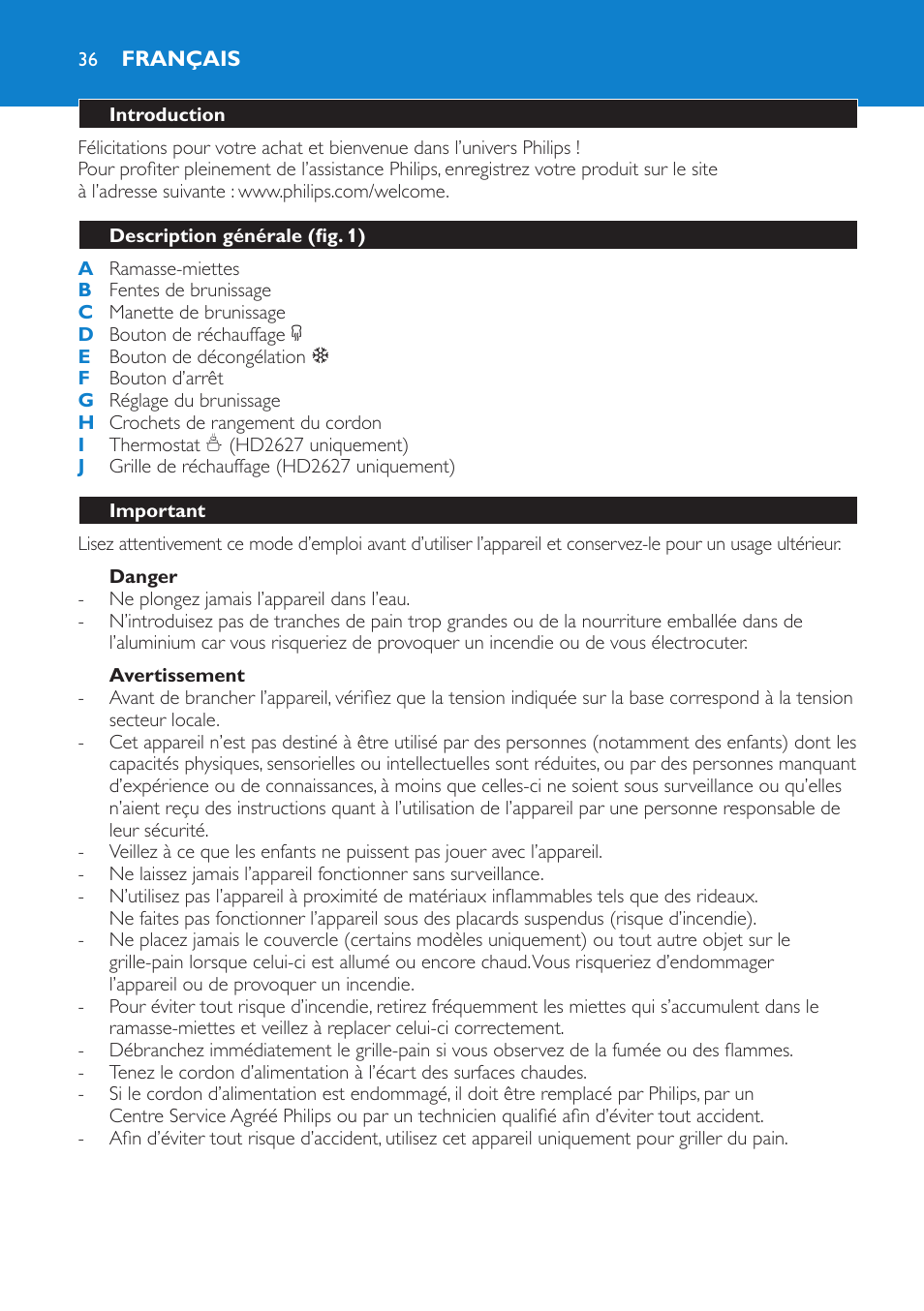 Français, Français 36 | Philips Toaster User Manual | Page 36 / 60