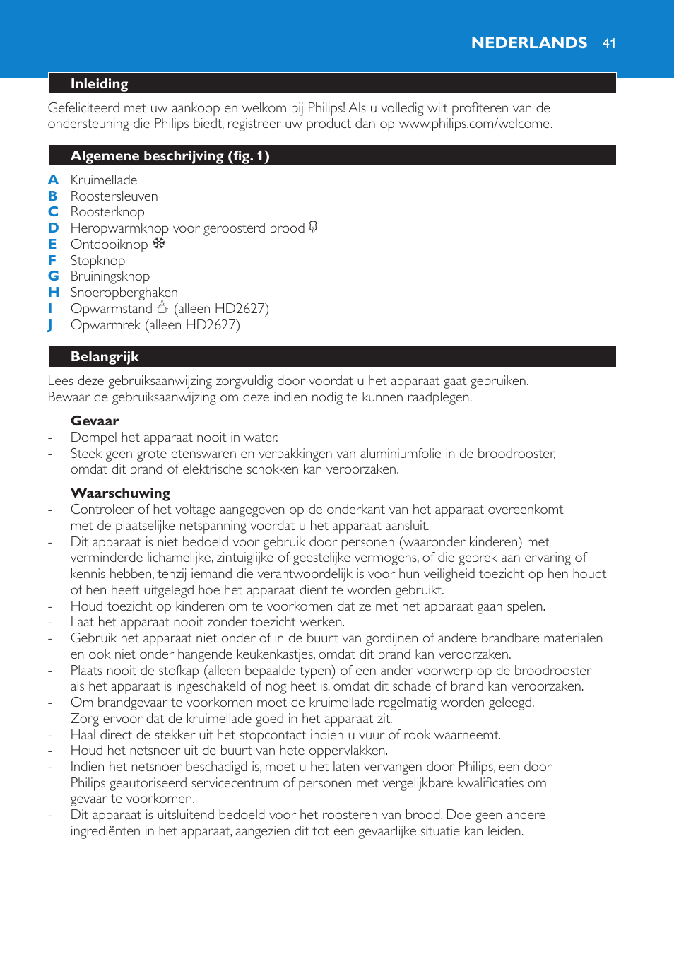 Nederlands, Nederlands 4 | Philips Toaster User Manual | Page 41 / 60