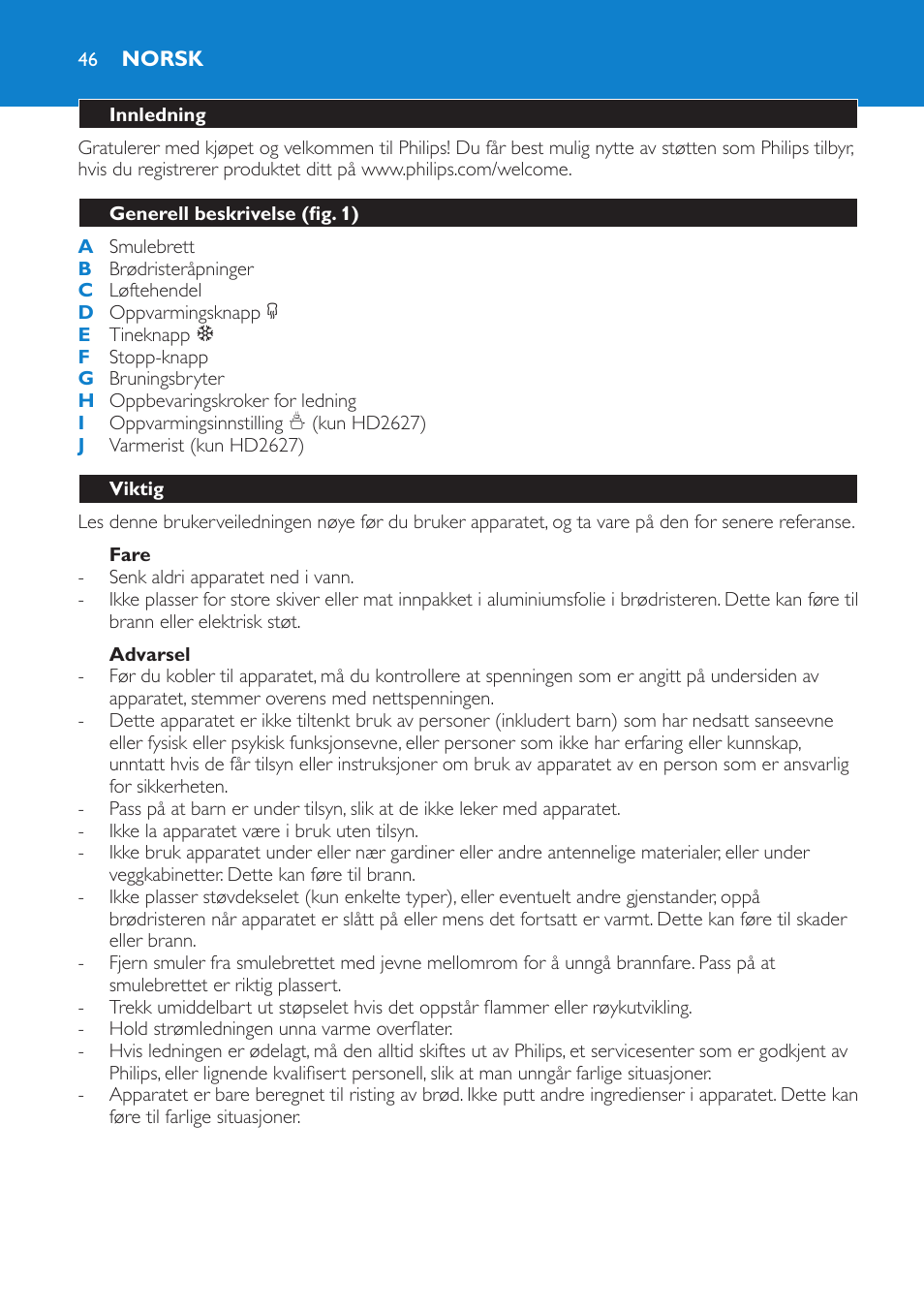 Norsk, Norsk 46 | Philips Toaster User Manual | Page 46 / 60