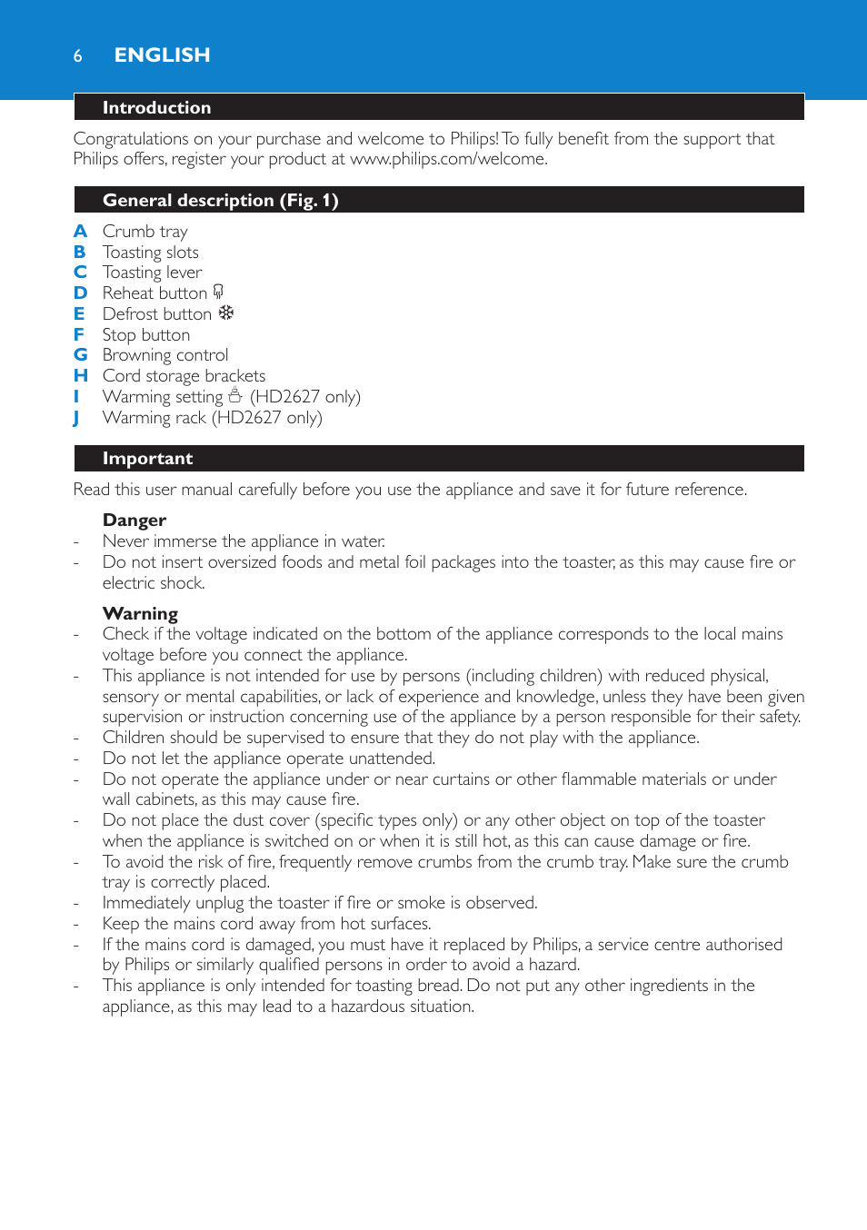 English | Philips Toaster User Manual | Page 6 / 60