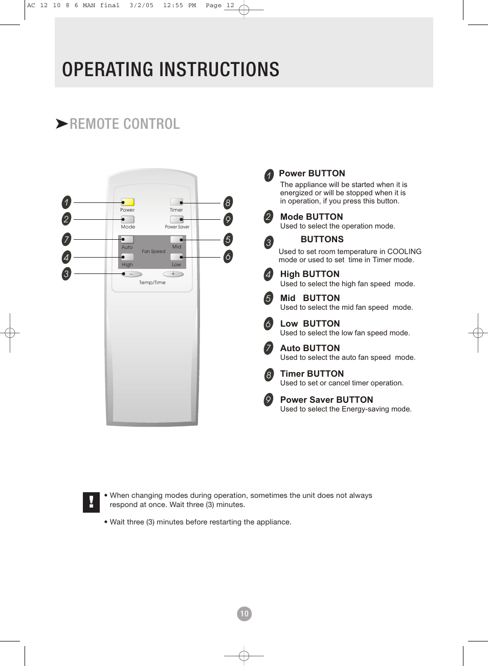 Operating instructions, Remote control | Admiral AAWV-06CR1FAU User Manual | Page 12 / 28