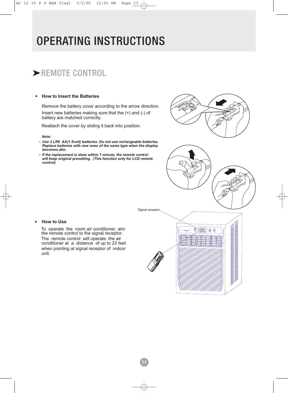 Operating instructions, Remote control | Admiral AAWV-06CR1FAU User Manual | Page 13 / 28