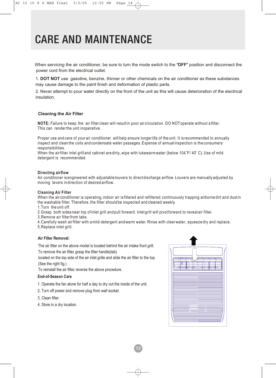 Care and maintenance | Admiral AAWV-06CR1FAU User Manual | Page 14 / 28