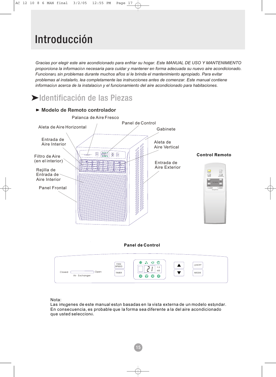 Table of contents introducción, Identificación de las piezas, Identificaci n de las piezas | Modelo de remoto controlador | Admiral AAWV-06CR1FAU User Manual | Page 17 / 28