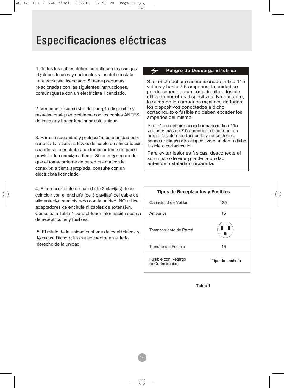 Table of contents especificaciones eléctricas | Admiral AAWV-06CR1FAU User Manual | Page 18 / 28