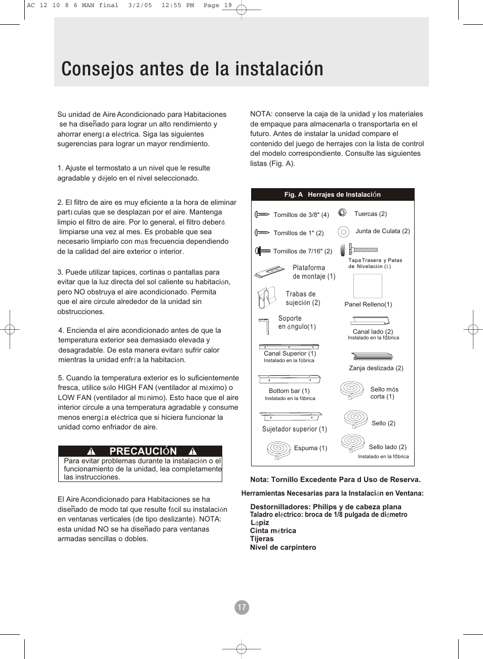 Table of contents consejos antes de la instalación, Precauci n | Admiral AAWV-06CR1FAU User Manual | Page 19 / 28