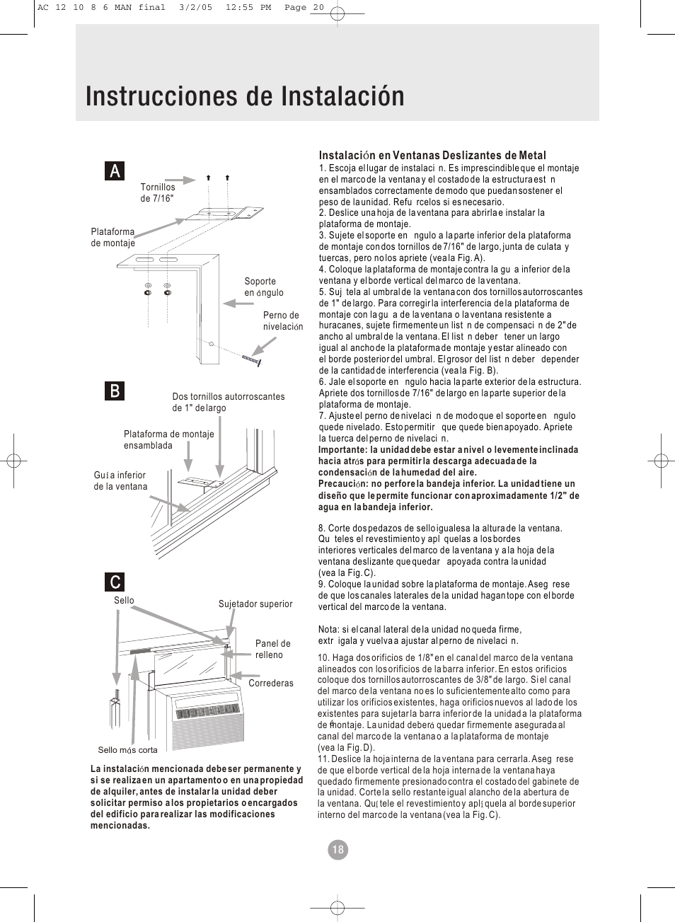 Table of contents instrucciones de instalación, Bc a | Admiral AAWV-06CR1FAU User Manual | Page 20 / 28