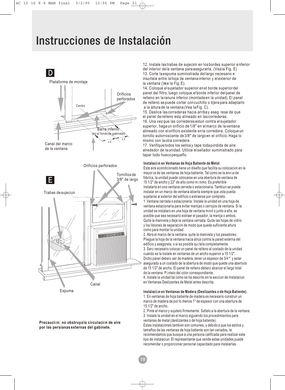 Table of contents instrucciones de instalación, Nstalaci n | Admiral AAWV-06CR1FAU User Manual | Page 21 / 28
