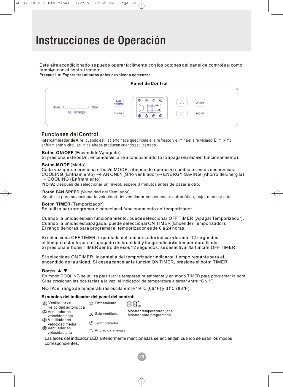 Table of contents instrucciones de operación, Funciones del control | Admiral AAWV-06CR1FAU User Manual | Page 22 / 28