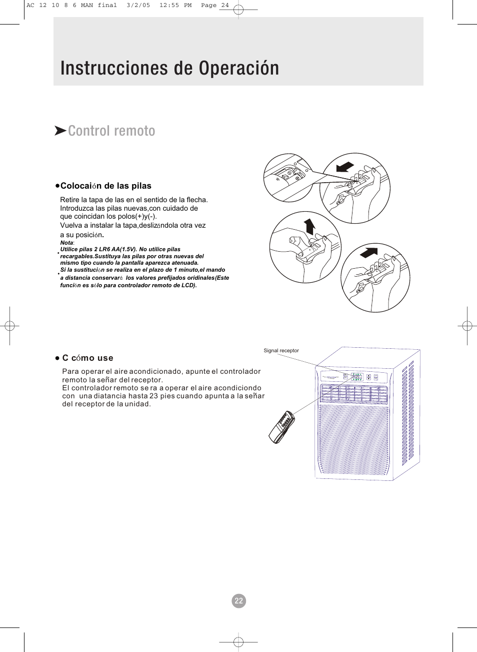 Table of contents instrucciones de operación, Control remoto | Admiral AAWV-06CR1FAU User Manual | Page 24 / 28