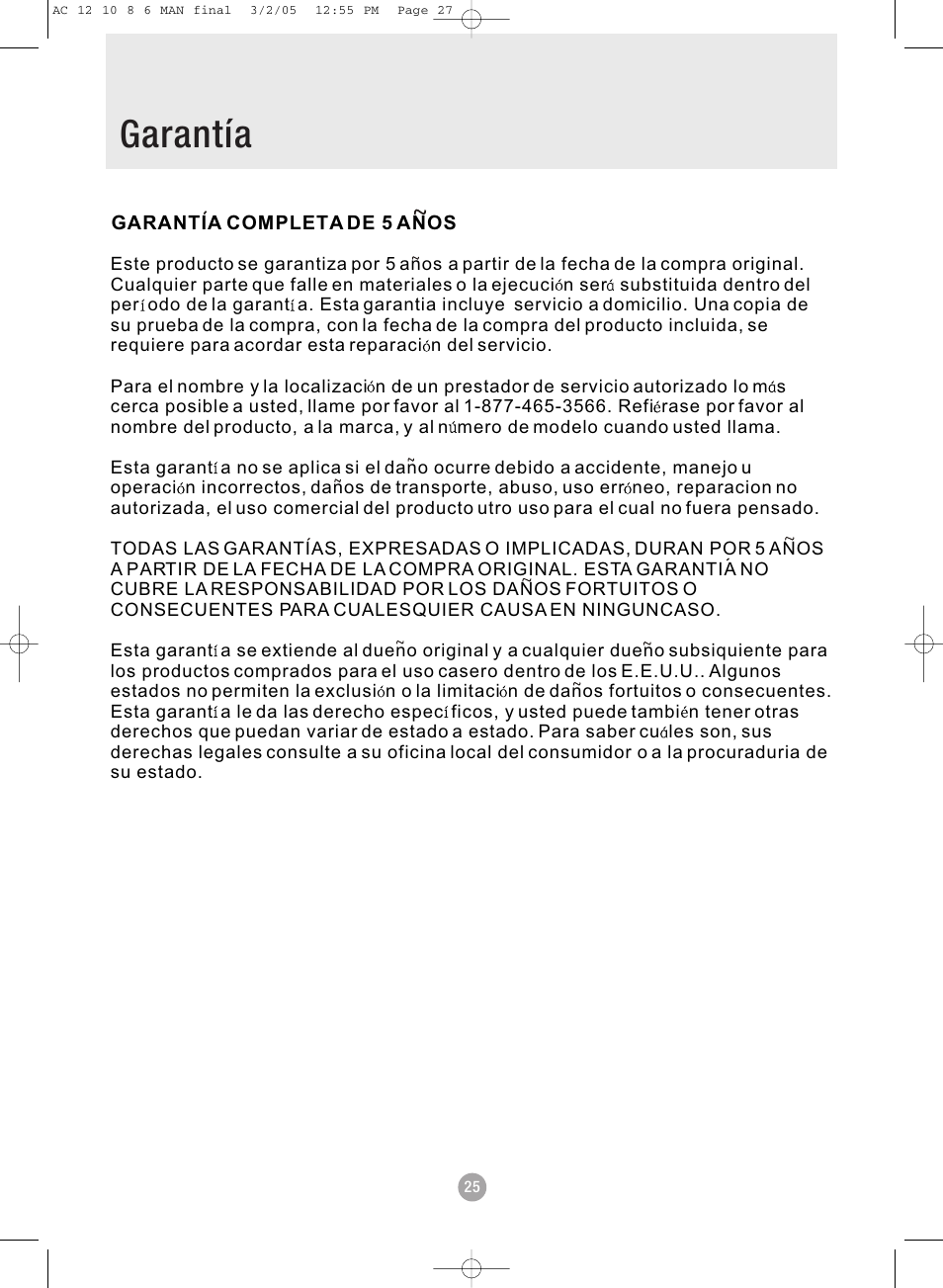 Table of contents garantía | Admiral AAWV-06CR1FAU User Manual | Page 27 / 28