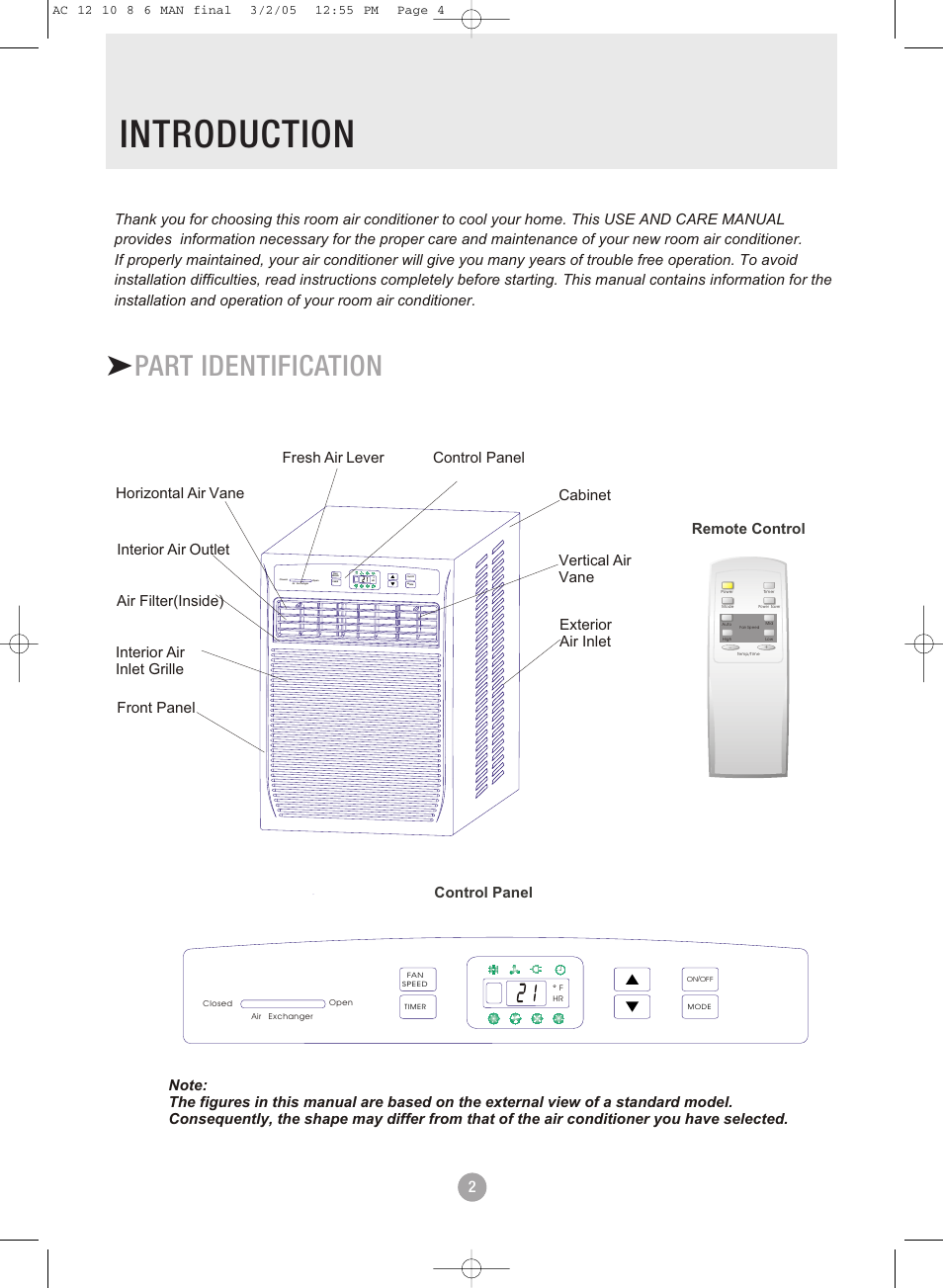 Introduction, Part identification, Control panel | Timer, Timer mode mode fan speed fan speed off off on on | Admiral AAWV-06CR1FAU User Manual | Page 4 / 28