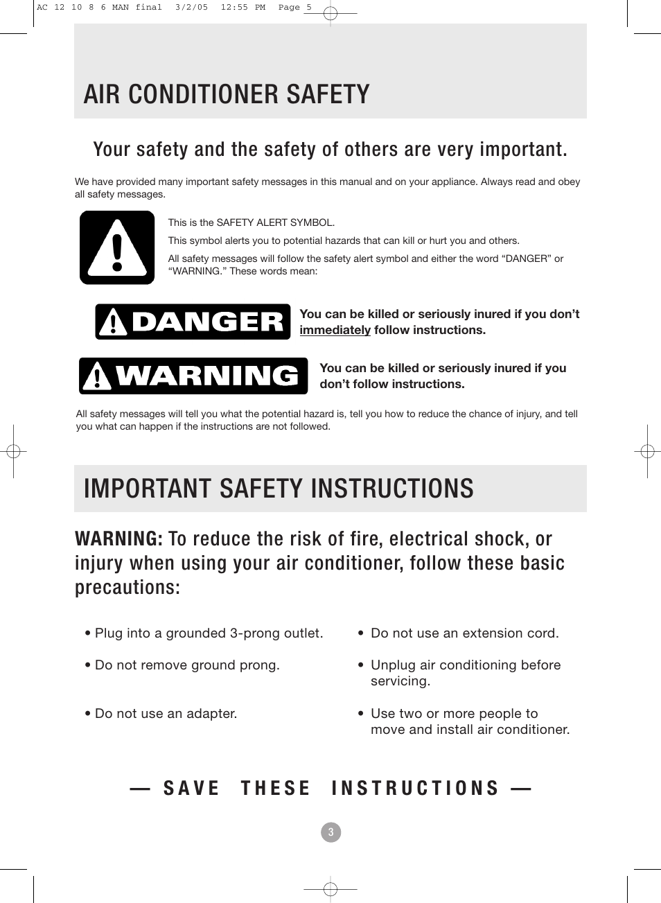 Air conditioner safety, Important safety instructions | Admiral AAWV-06CR1FAU User Manual | Page 5 / 28