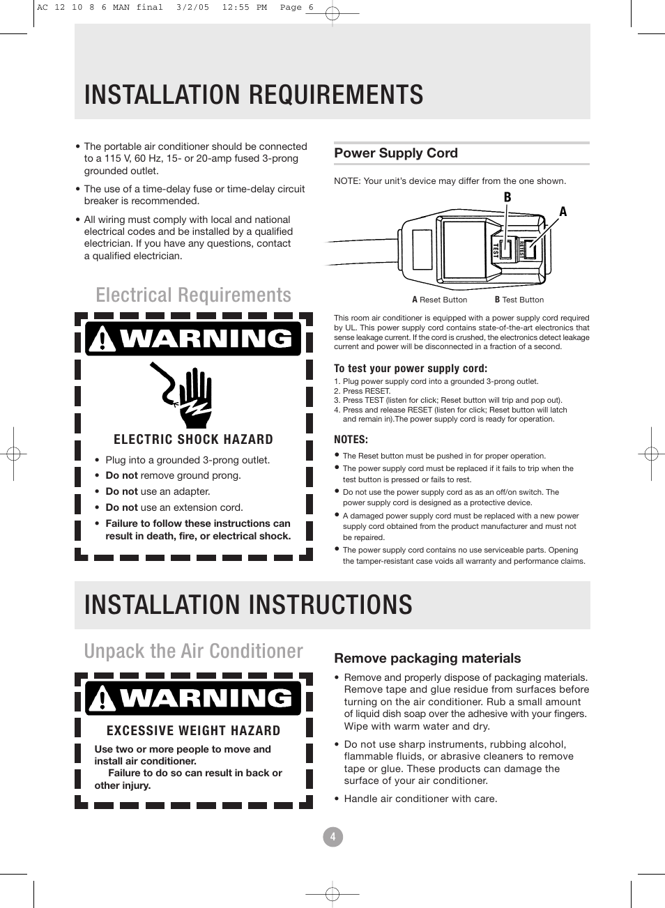 Electrical requirements, Unpack the air conditioner, Electric shock hazard | Power supply cord, Excessive weight hazard, Remove packaging materials | Admiral AAWV-06CR1FAU User Manual | Page 6 / 28