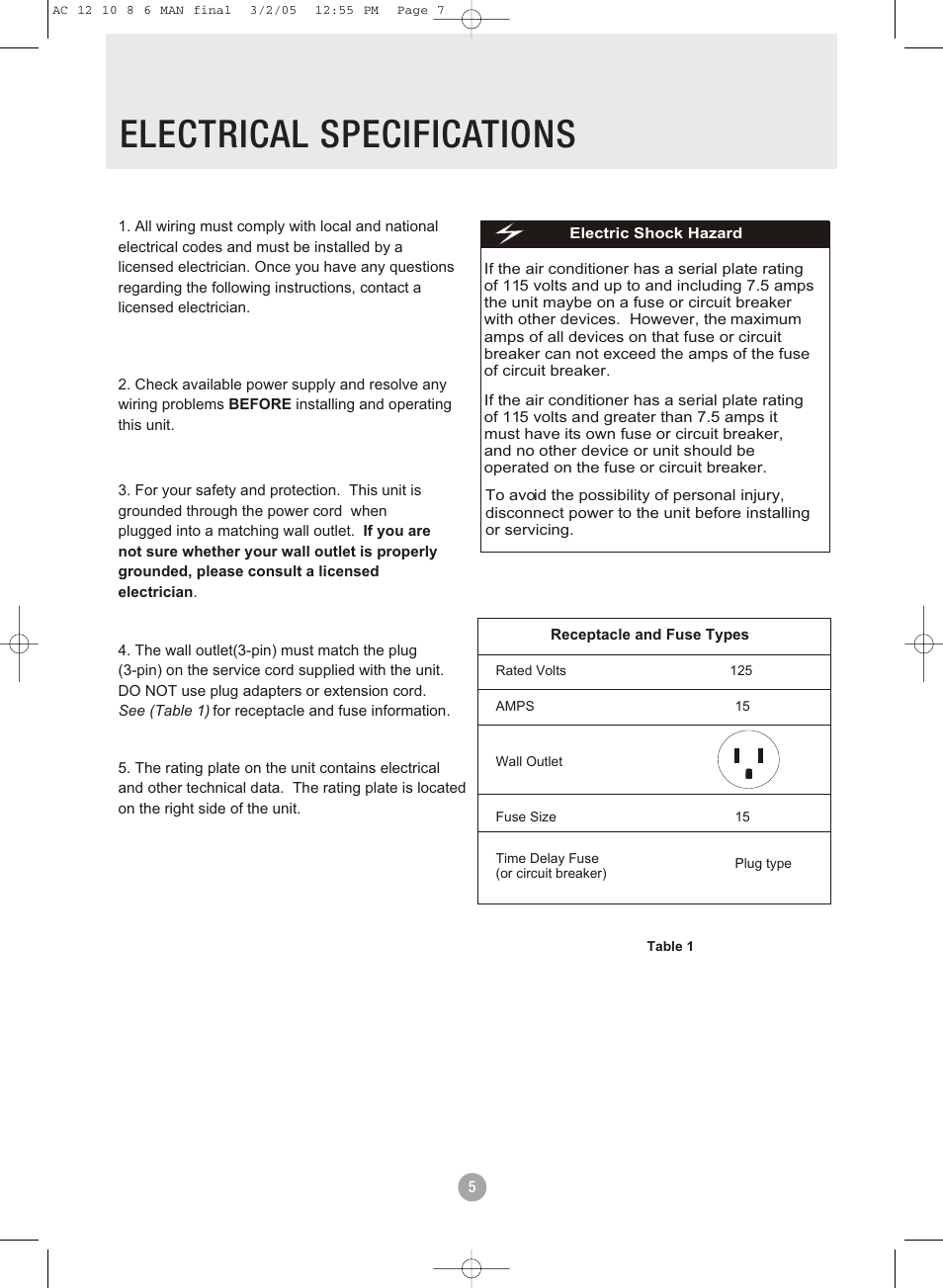 Electrical specifications | Admiral AAWV-06CR1FAU User Manual | Page 7 / 28