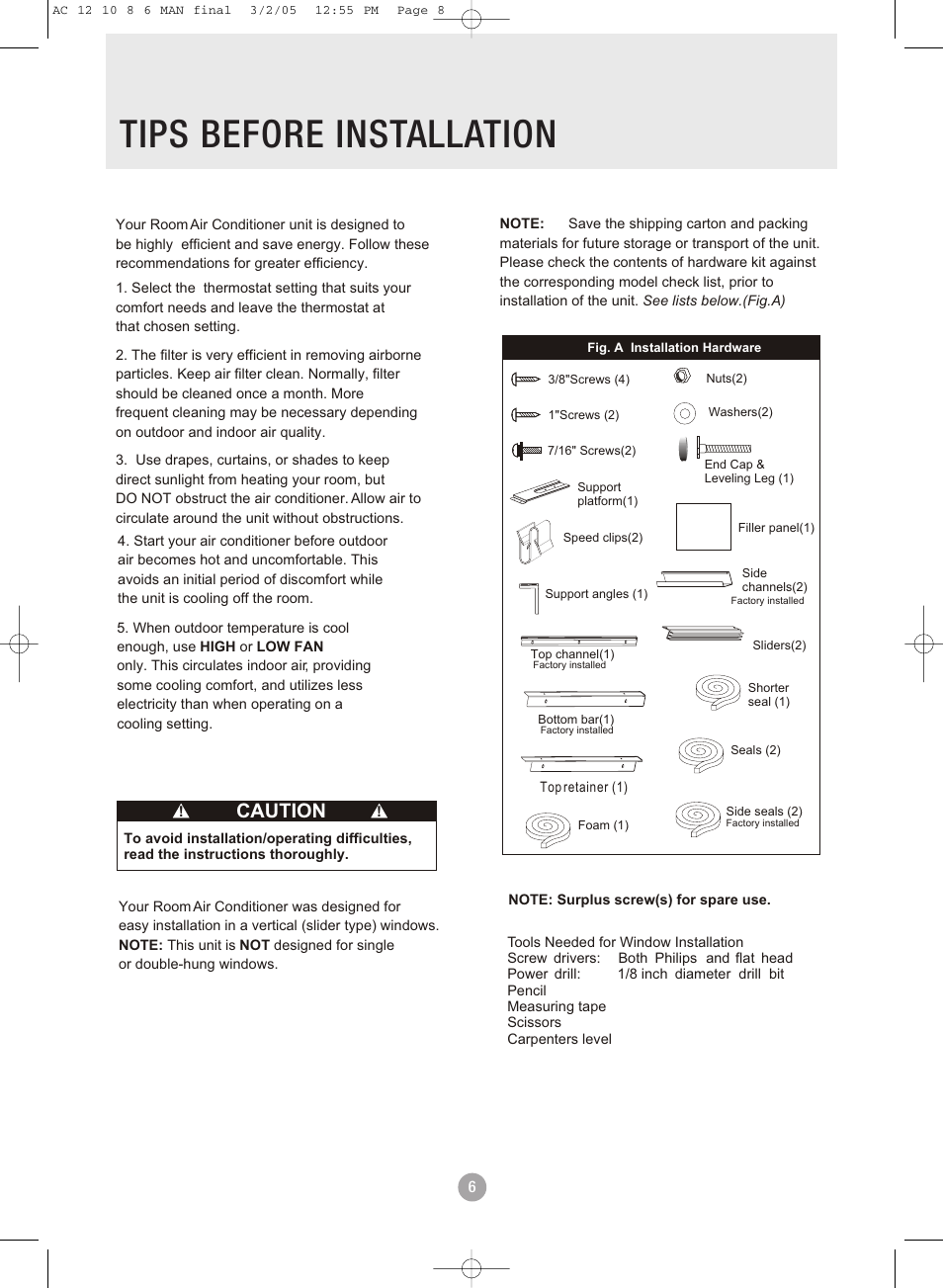 Tips before installation, Caution | Admiral AAWV-06CR1FAU User Manual | Page 8 / 28