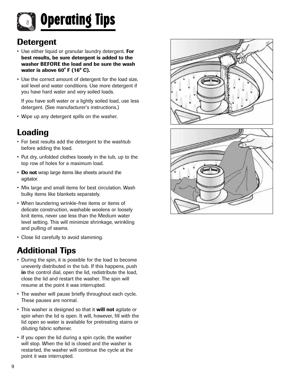 Operating tips, Detergent, Loading | Additional tips | Admiral AAV-3 User Manual | Page 10 / 13