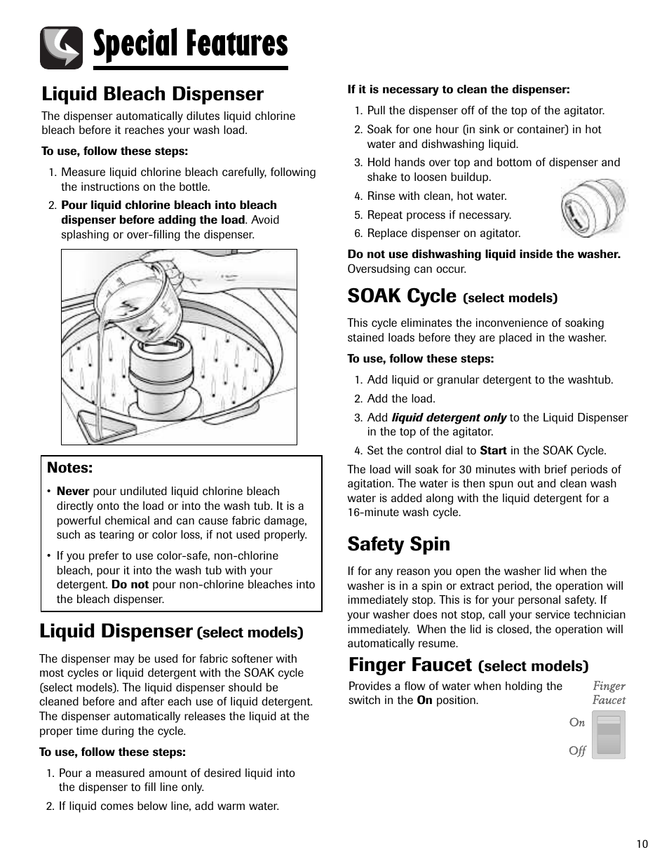 Special features, Soak cycle, Safety spin | Liquid dispenser, Liquid bleach dispenser, Finger faucet, Select models) | Admiral AAV-3 User Manual | Page 11 / 13