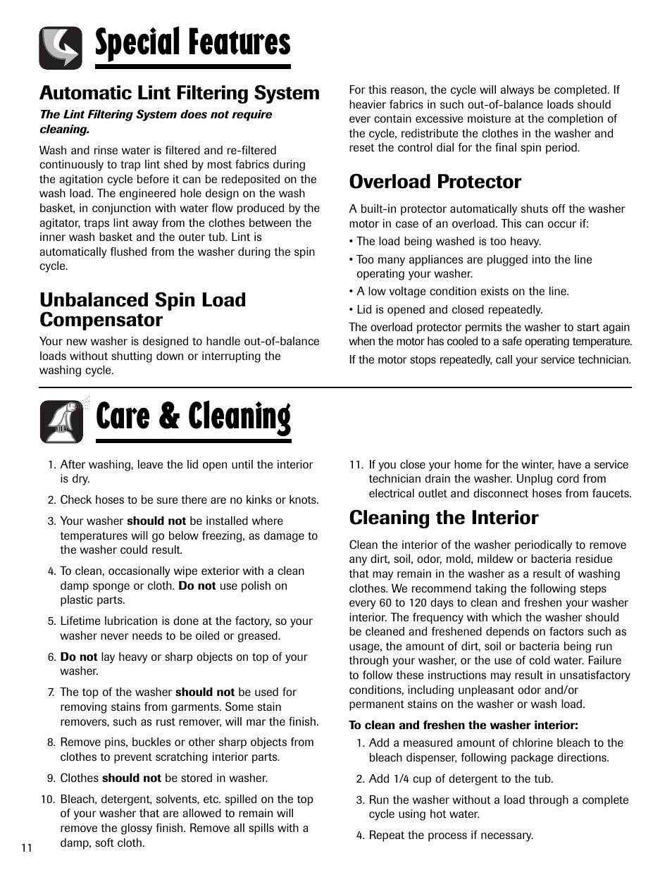 Special features, Care & cleaning, Automatic lint filtering system | Unbalanced spin load compensator, Overload protector, Cleaning the interior | Admiral AAV-3 User Manual | Page 12 / 13