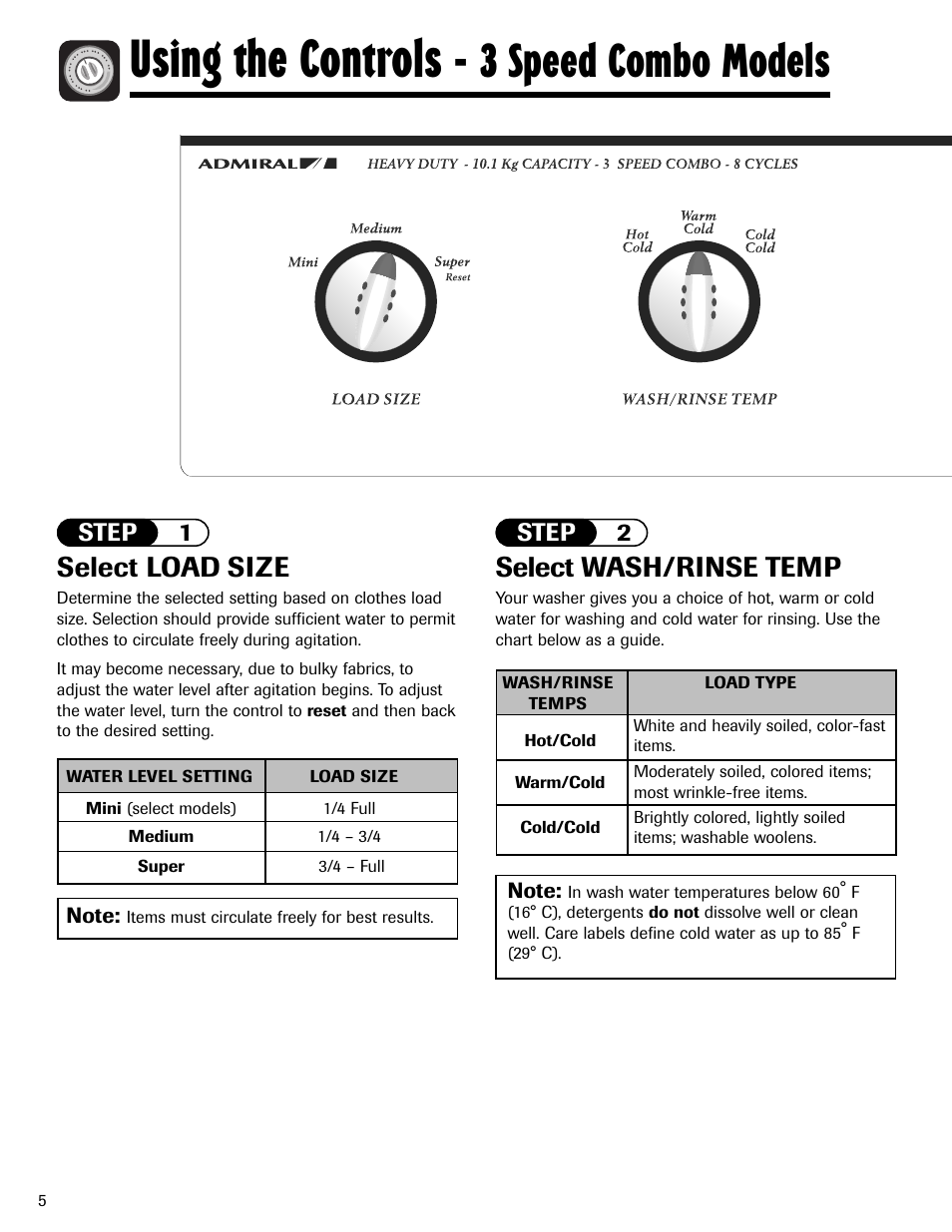 Using the controls, 3 speed combo models, Select load size | Select wash/rinse temp, Step 1 step 2 | Admiral AAV-3 User Manual | Page 6 / 13