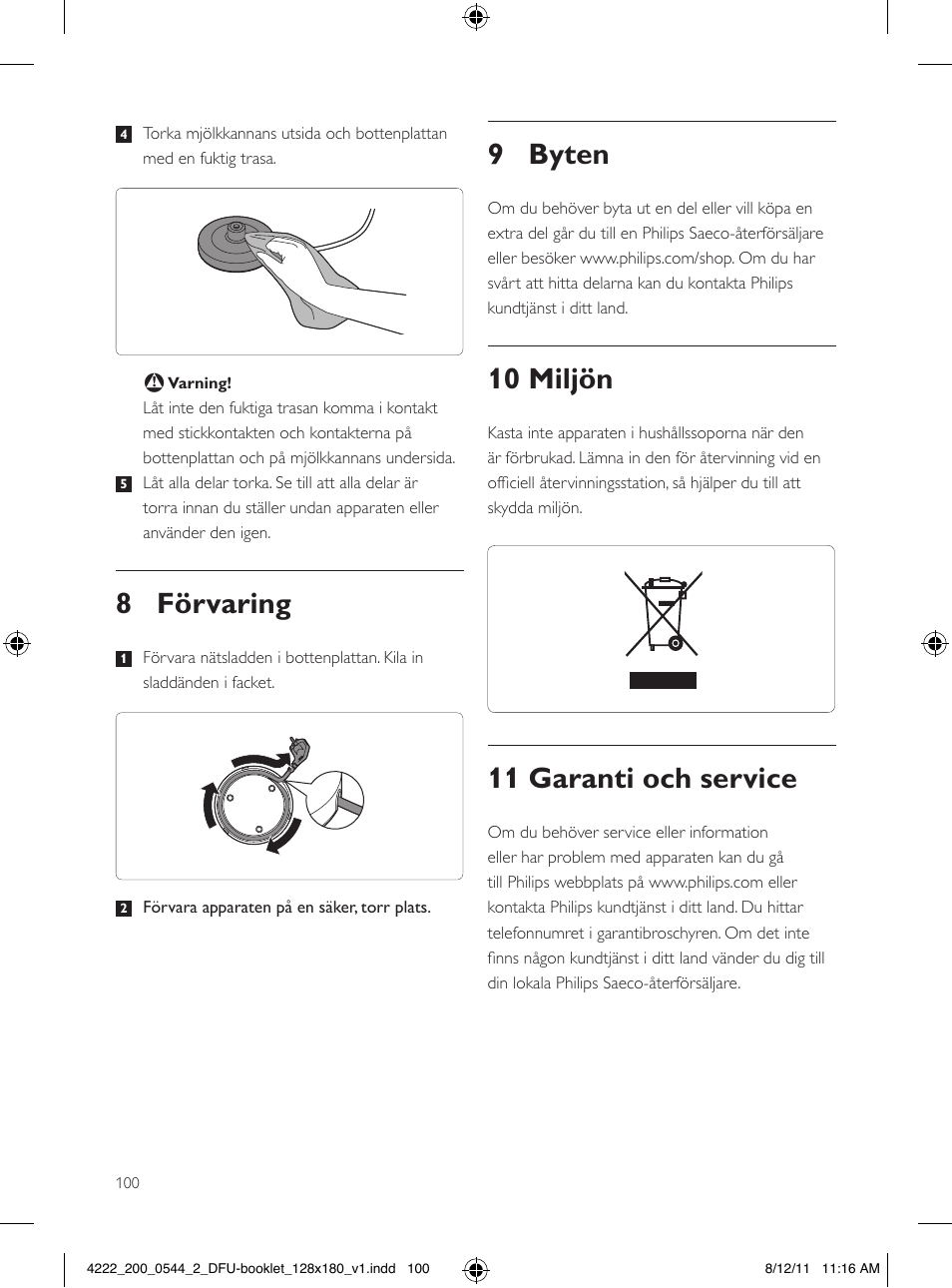 9 byten, 10 miljön, 11 garanti och service | 8 förvaring | Philips Saeco Milchaufschäumer User Manual | Page 100 / 104