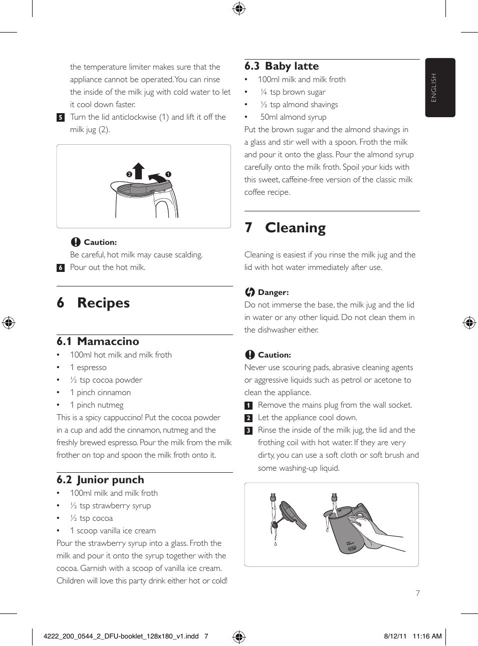 7 cleaning, 6 recipes, 1 mamaccino | 3 baby latte, 2 junior punch | Philips Saeco Milchaufschäumer User Manual | Page 7 / 104