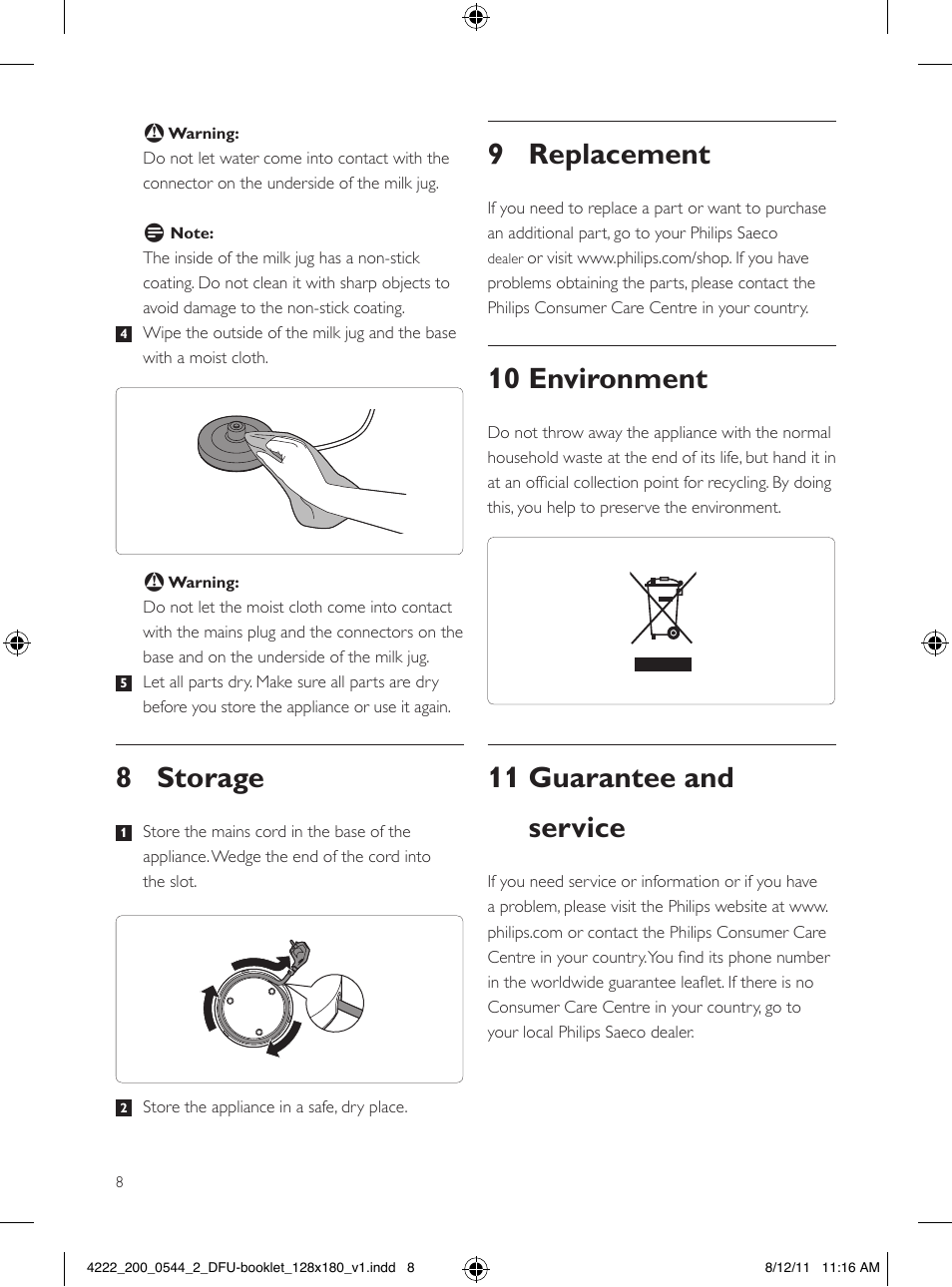 9 replacement, 10 environment, 11 guarantee and service | 8 storage | Philips Saeco Milchaufschäumer User Manual | Page 8 / 104