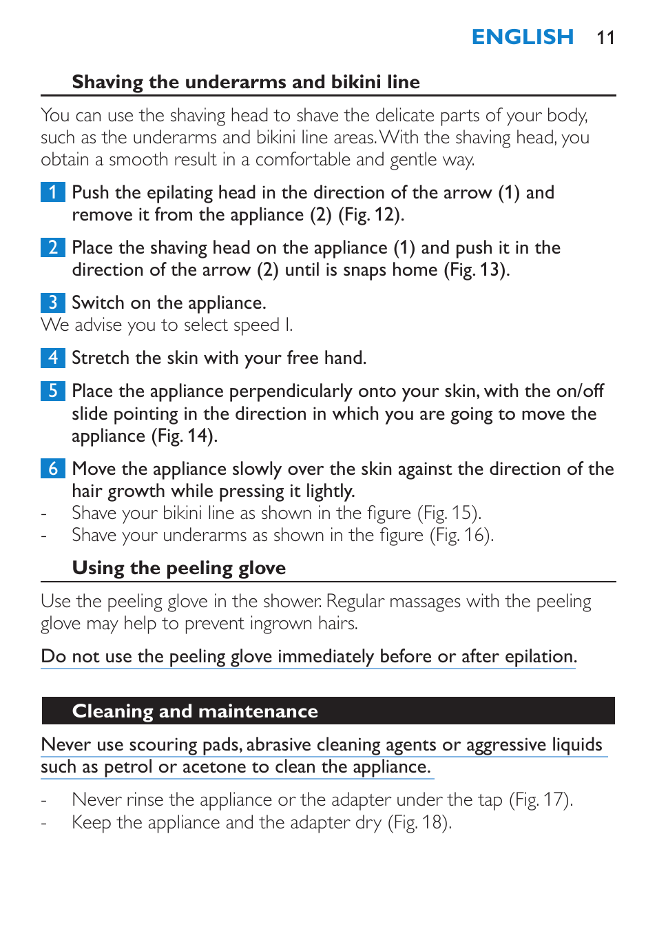 Shaving the underarms and bikini line, Using the peeling glove, Cleaning and maintenance | Philips Satinelle Epilierer User Manual | Page 11 / 96