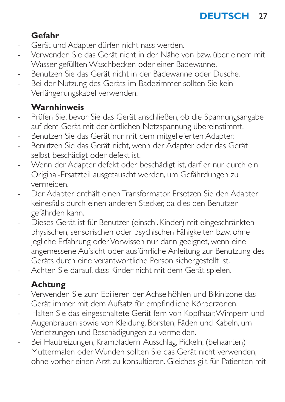 Gefahr, Warnhinweis, Achtung | Philips Satinelle Epilierer User Manual | Page 27 / 96
