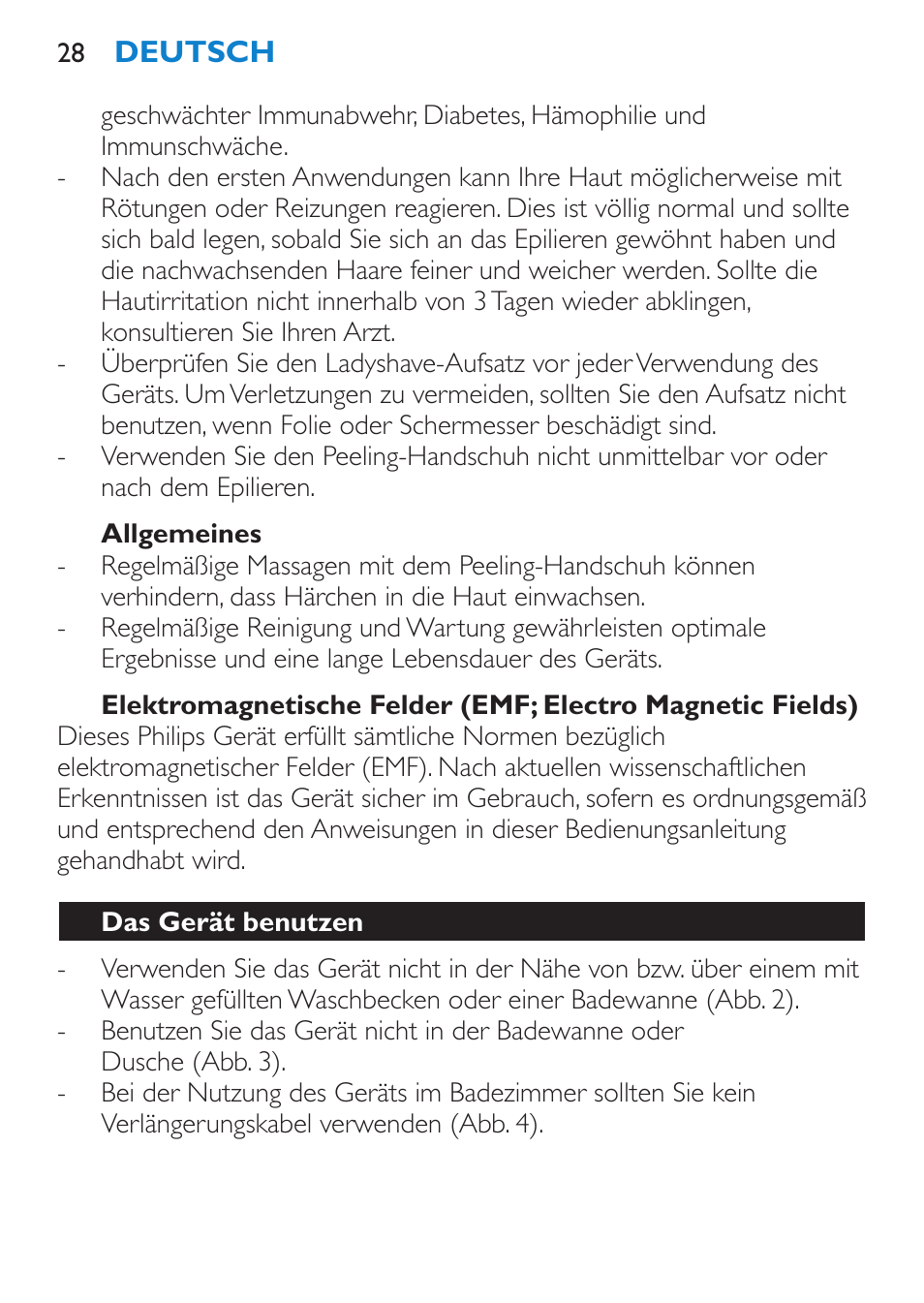 Allgemeines, Das gerät benutzen | Philips Satinelle Epilierer User Manual | Page 28 / 96