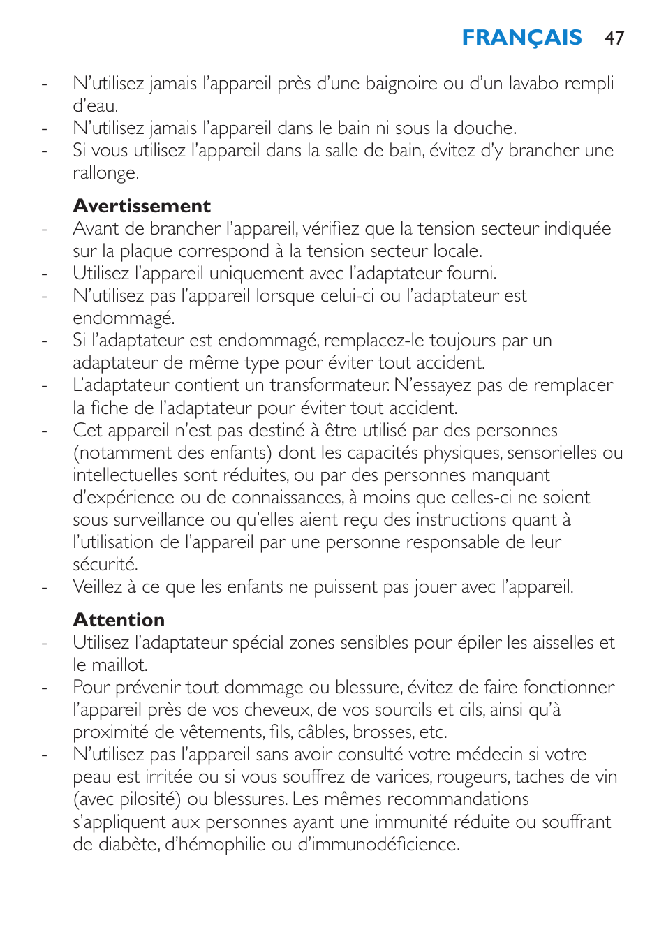 Avertissement, Attention | Philips Satinelle Epilierer User Manual | Page 47 / 96