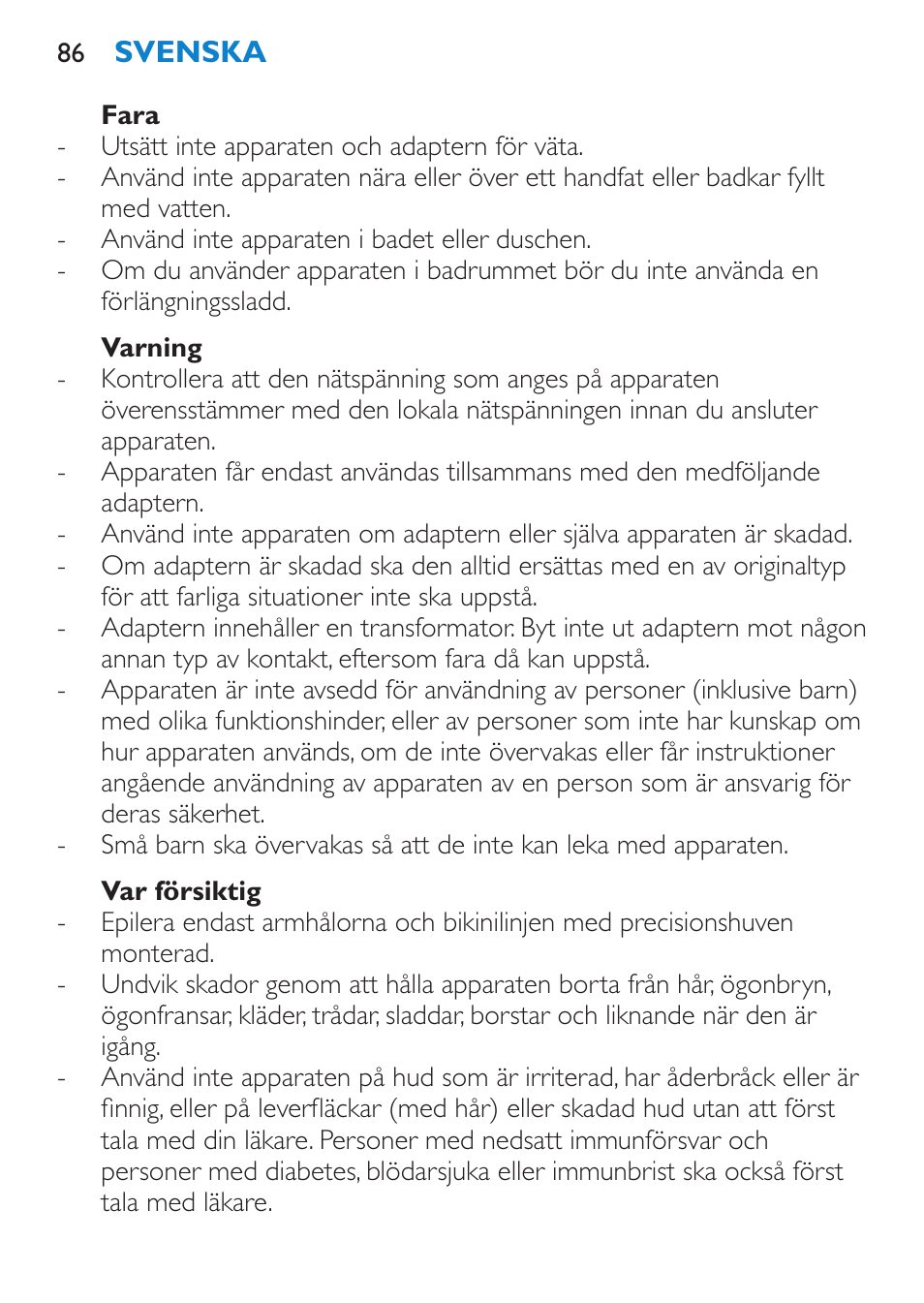 Fara, Varning, Var försiktig | Philips Satinelle Epilierer User Manual | Page 86 / 96