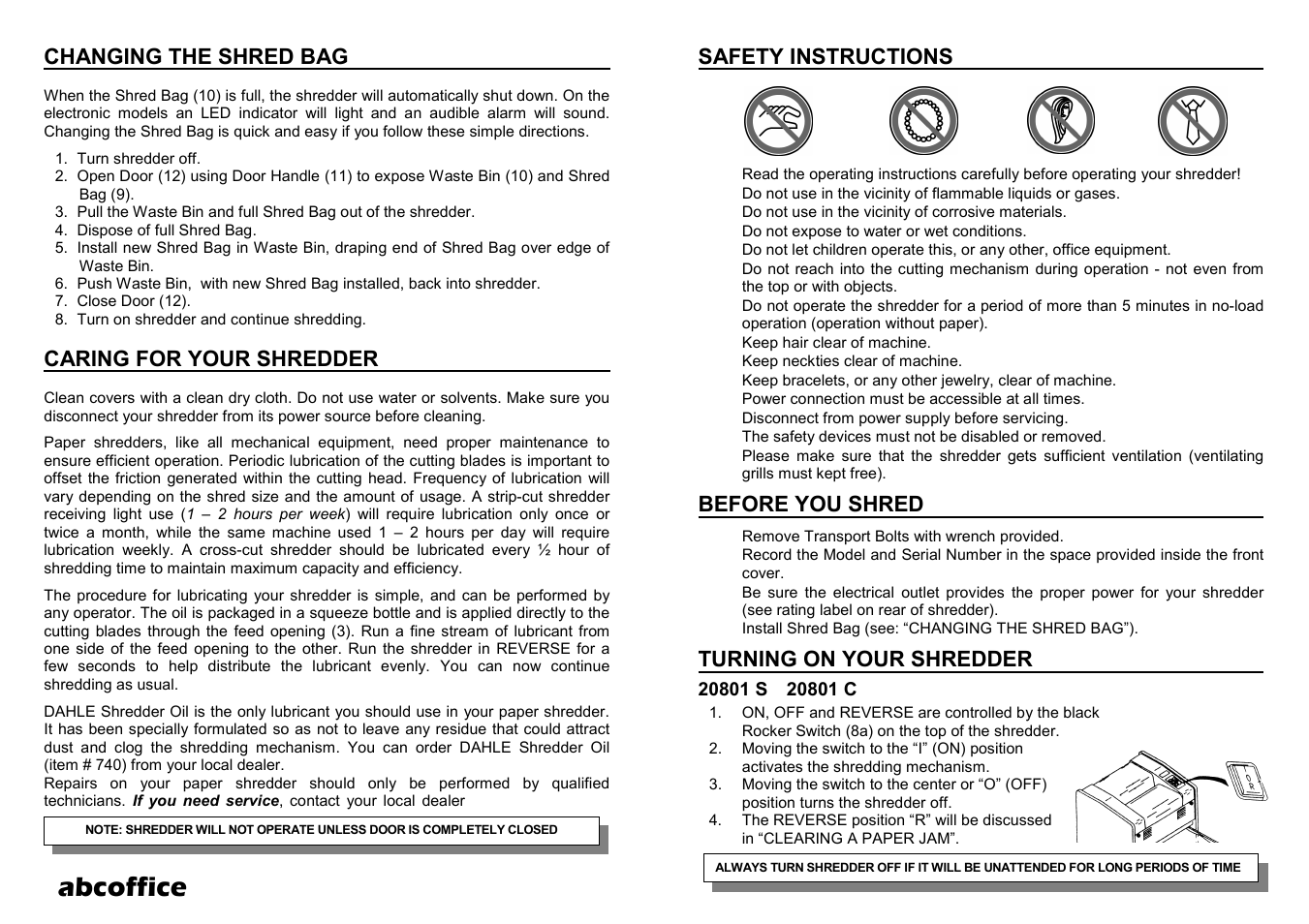 Abcoffice, Changing the shred bag, Caring for your shredder | Safety instructions, Before you shred, Turning on your shredder | ABC Office 20822 EC User Manual | Page 3 / 4