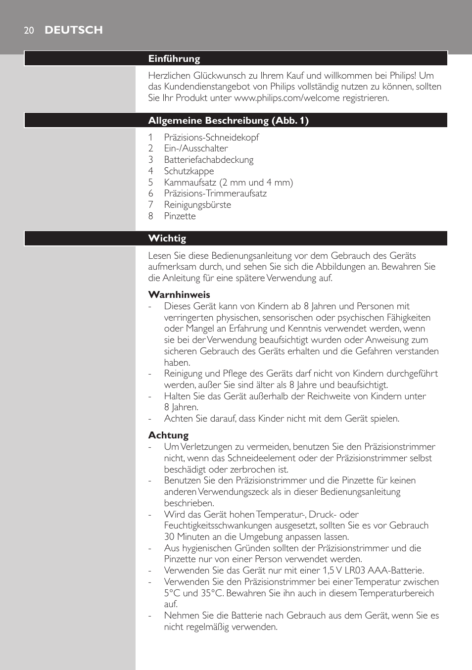 Deutsch, Deutsch 20 | Philips Präzisionstrimmer User Manual | Page 20 / 108