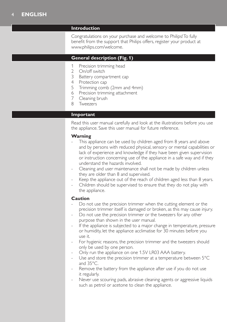 English, English 4 | Philips Präzisionstrimmer User Manual | Page 4 / 108