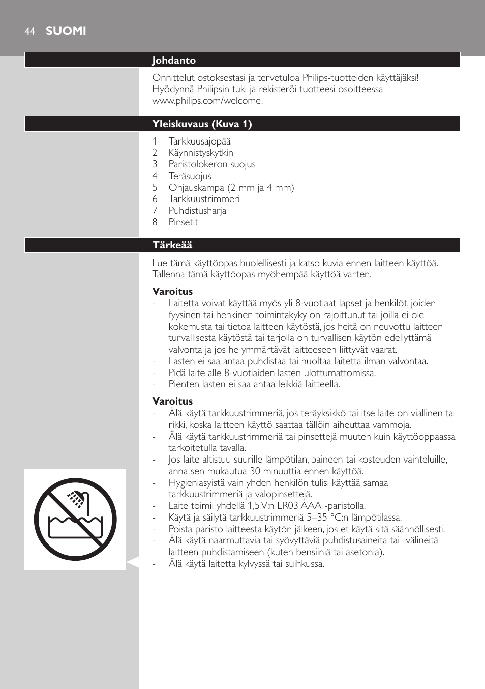 Suomi, Suomi 44 | Philips Präzisionstrimmer User Manual | Page 44 / 108